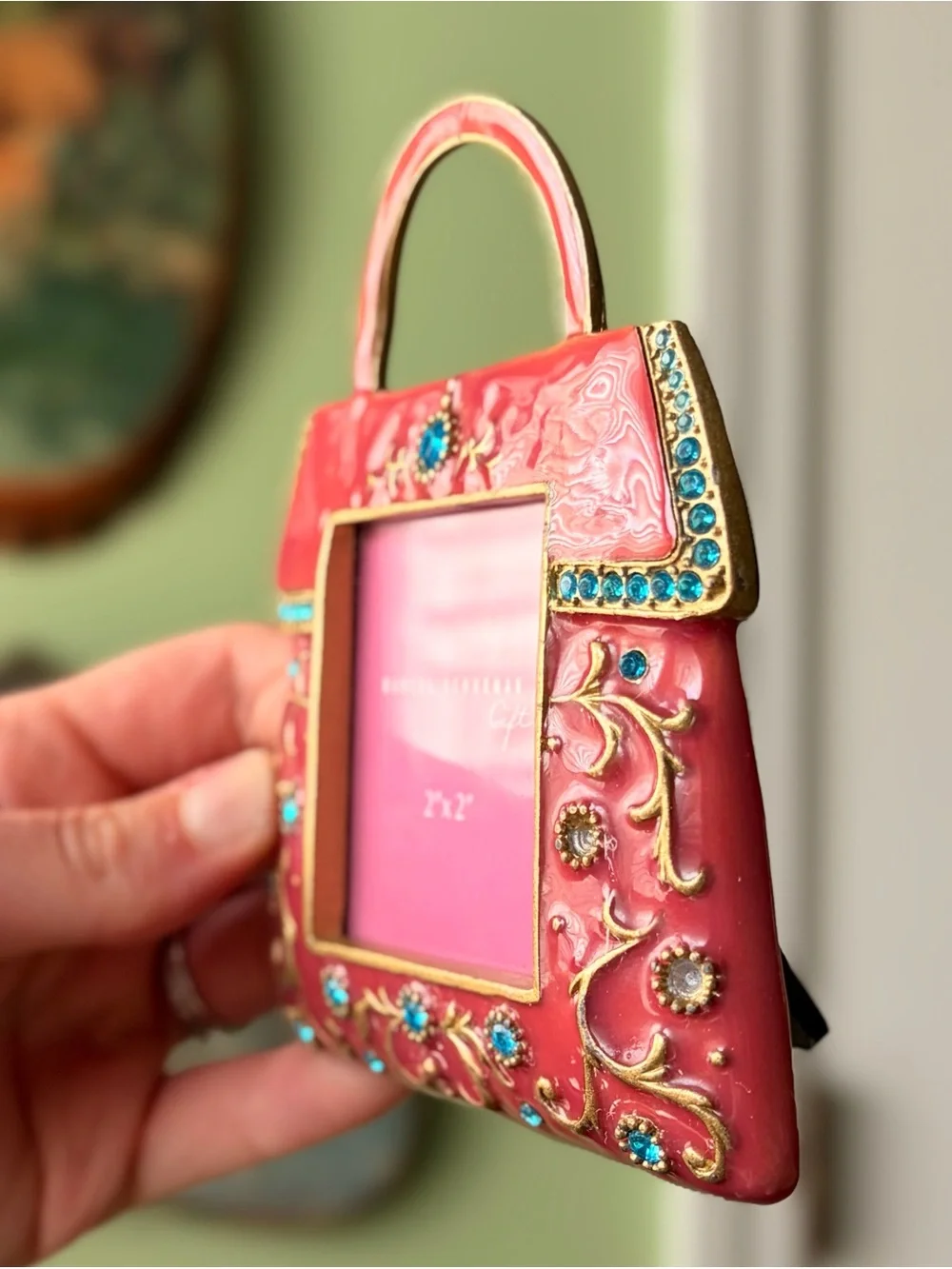 Retro Charming Blue Jeweled Embossed Handbag Picture Frame Accent
